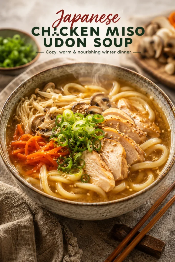 Japanese chicken miso udon soup with tender chicken, chewy udon noodles, mushrooms, carrots, and scallions in a warm savory broth for cozy winter dinner.