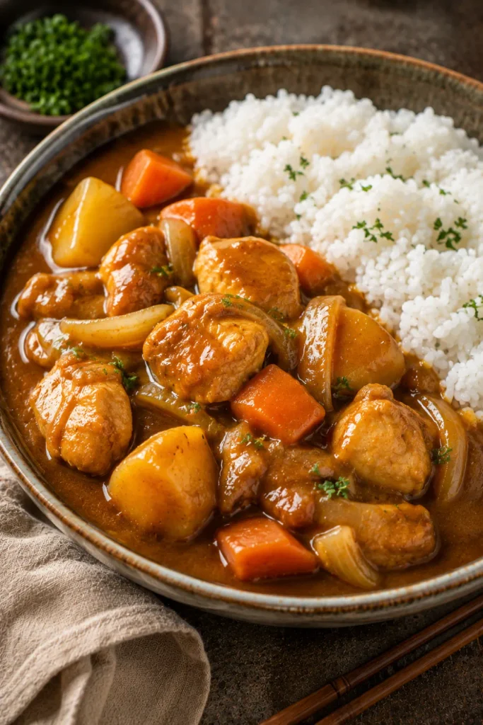 Japanese curry chicken with tender chicken, potatoes, carrots, onions, thick savory curry sauce, and steamed rice for a comforting winter meal.