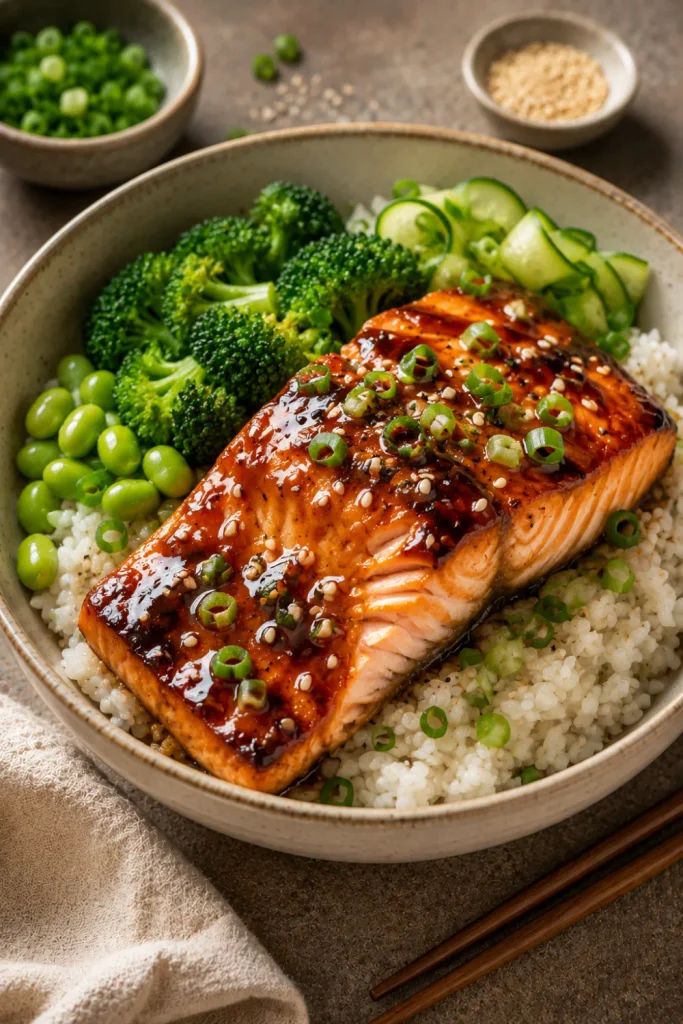 Japanese teriyaki salmon rice bowl with glossy salmon, steamed rice, edamame, broccoli, sesame seeds, and a sweet, savory teriyaki glaze.
