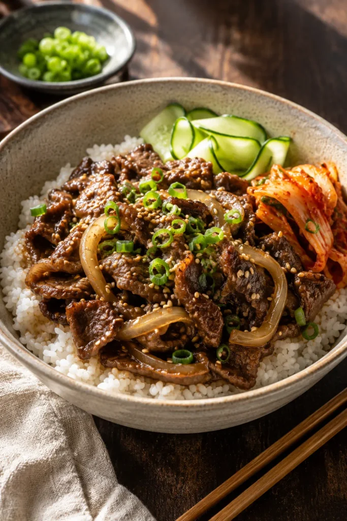 Korean beef bulgogi rice bowl with glossy sliced beef, steamed rice, onions, green onions, sesame seeds, and colorful winter dinner toppings.