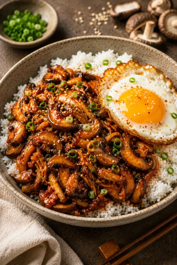 Korean gochujang mushroom rice with caramelized mushrooms, spicy-sweet sauce, steamed rice, scallions, sesame seeds, and optional fried egg.