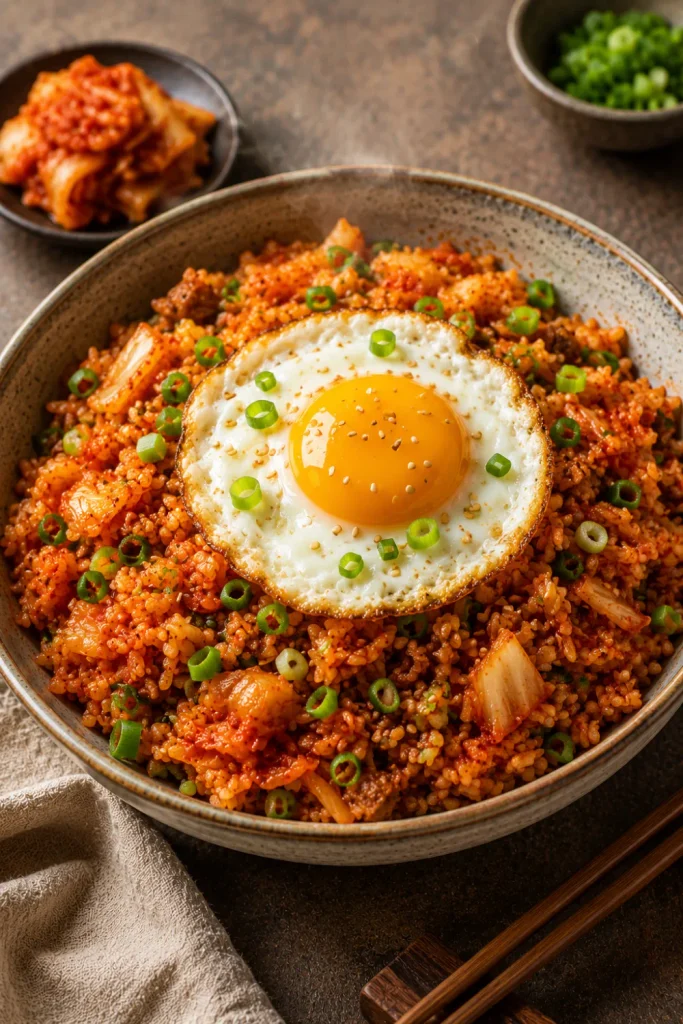 Korean kimchi fried rice topped with a sunny fried egg, sesame seeds, scallions, and flavorful kimchi for an easy, cozy winter Asian dinner.