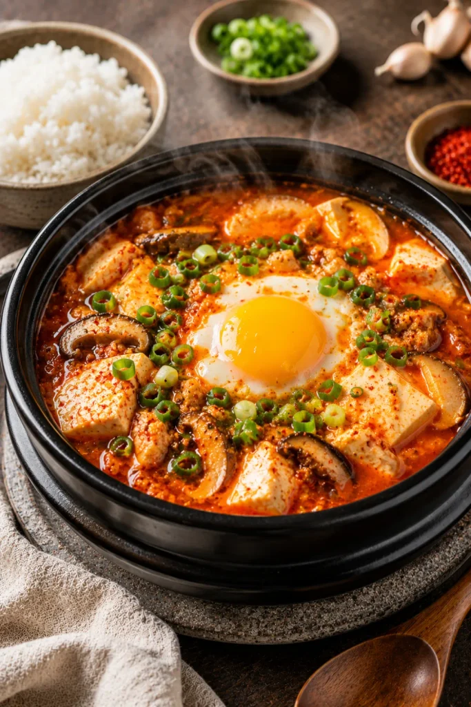 Korean soft tofu stew with silky tofu, mushrooms, spicy savory broth, green onions, and a perfectly cooked egg for a cozy winter dinner.