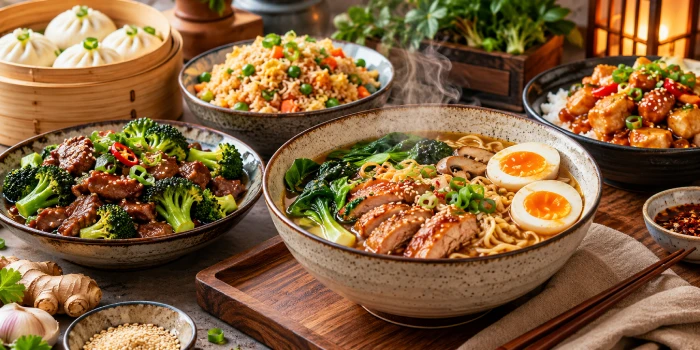Easy winter Asian dinner recipe ideas featuring cozy ramen, stir-fried vegetables, dumplings, fried rice, glazed chicken, and warm comforting meals served on a rustic table