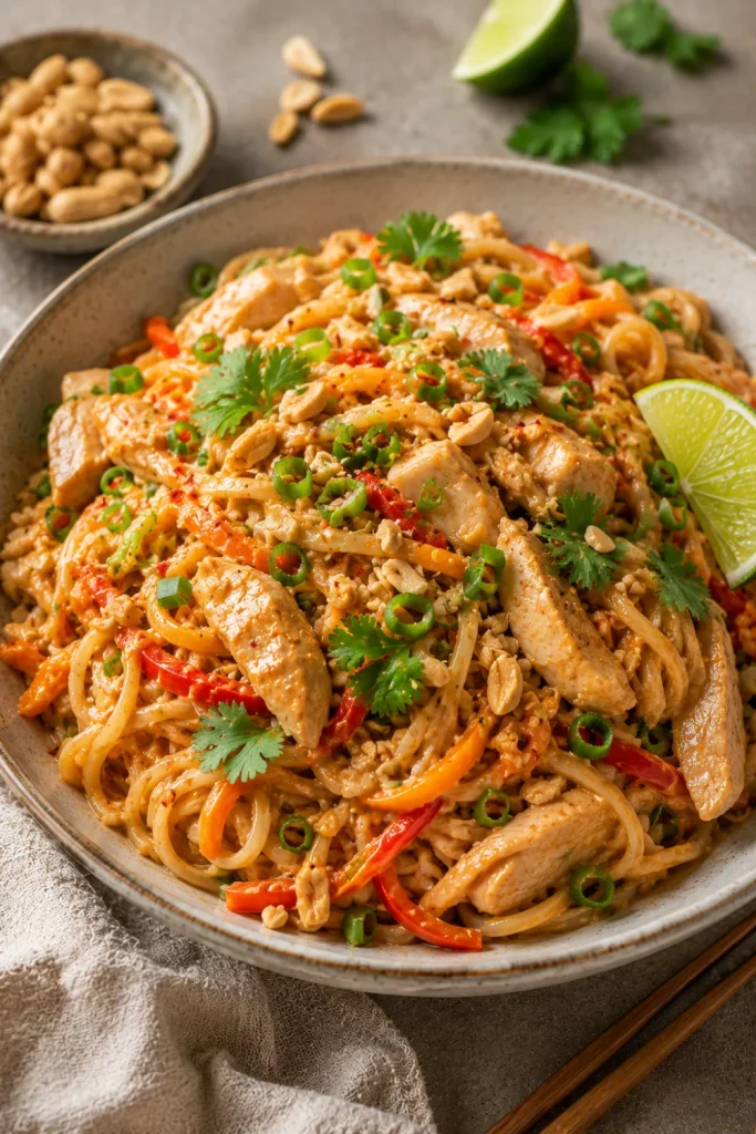 Thai peanut chicken noodles with tender chicken, creamy peanut sauce, colorful vegetables, crushed peanuts, and fresh lime for a cozy winter dinner.