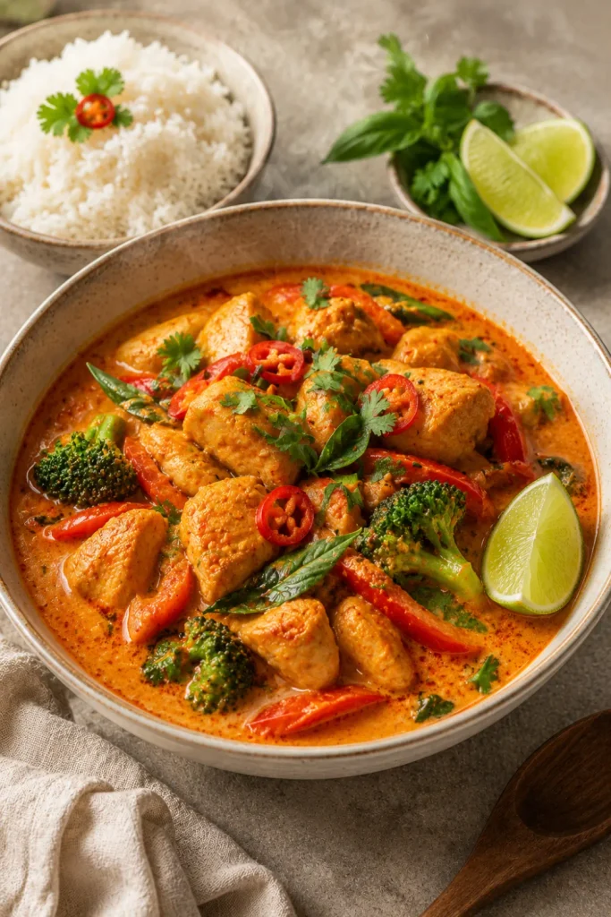Thai red curry coconut chicken with tender chicken, colorful vegetables, creamy coconut curry sauce, fresh herbs, lime, and jasmine rice.