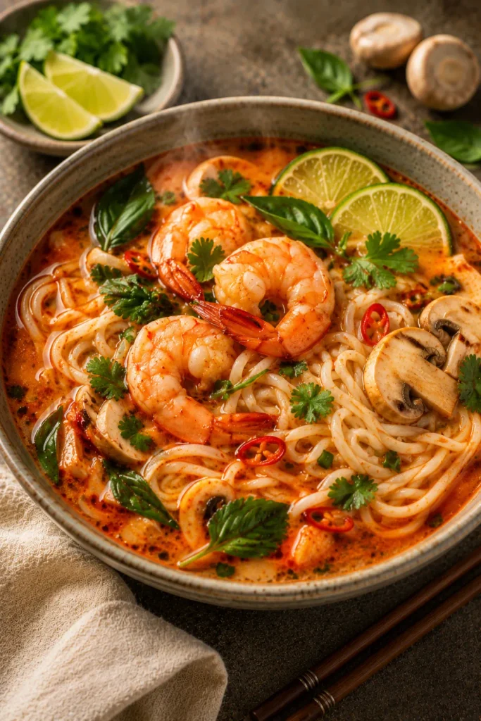 Thai Tom Yum noodle soup with rice noodles, shrimp, mushrooms, lime, fresh herbs, and a vibrant spicy-sour broth for winter dinner.