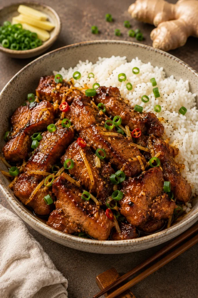Vietnamese caramel ginger pork with tender glossy pork, caramel sauce, fresh ginger, garlic, black pepper, scallions, and steamed rice.