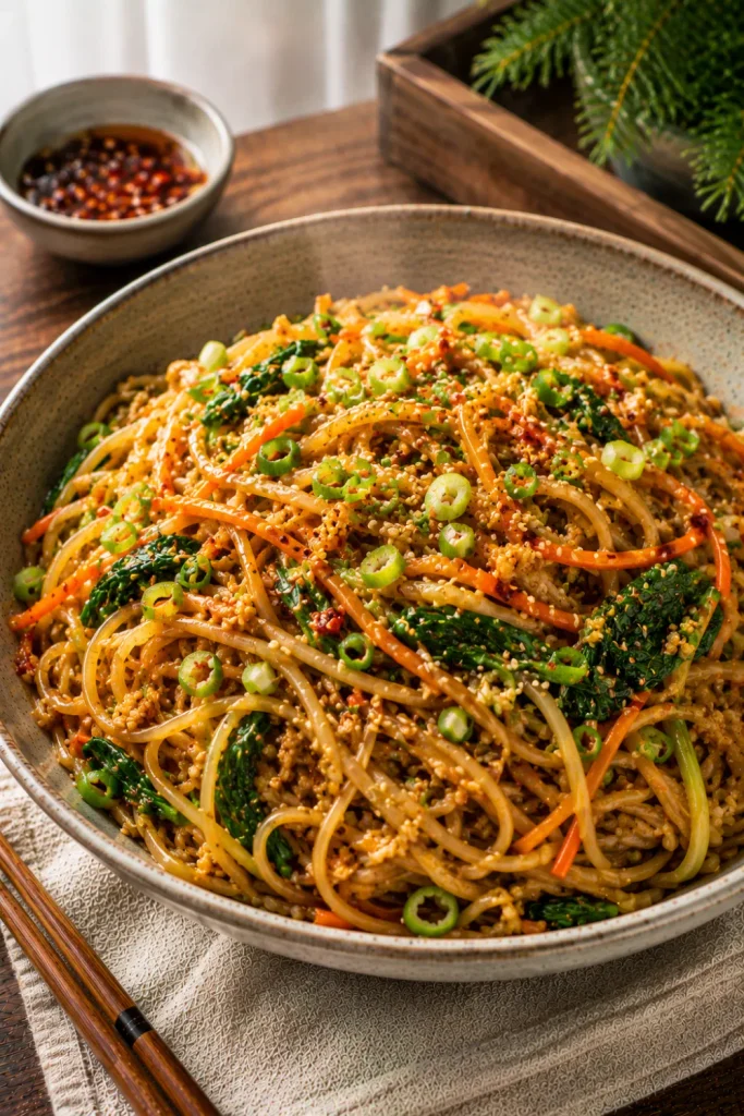 Asian garlic ginger noodles with glossy noodles, fresh ginger, garlic, scallions, shredded carrots, sesame oil, and chili flakes.