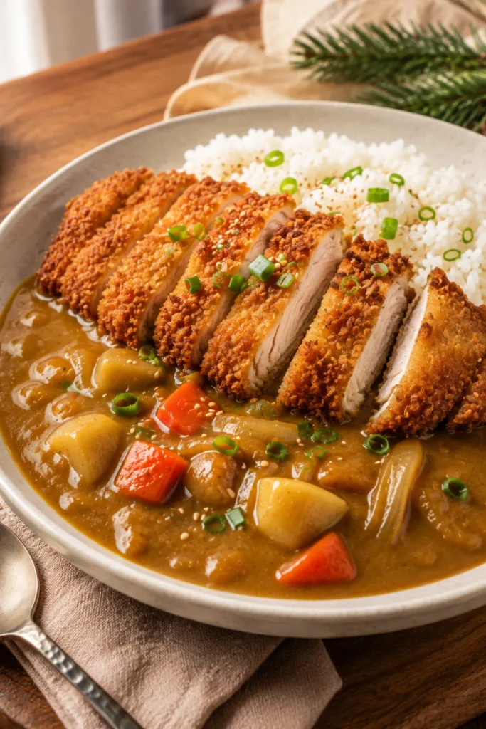 Crispy chicken katsu served with rich Japanese curry and fluffy white rice in a cozy winter lunch presentation.