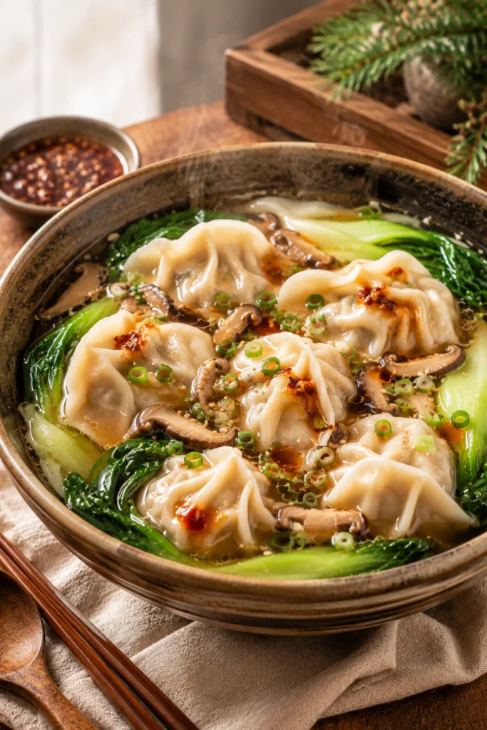 Cozy Chinese dumpling soup with tender dumplings, bok choy, mushrooms, scallions, ginger, sesame oil, and chili crisp in savory broth.