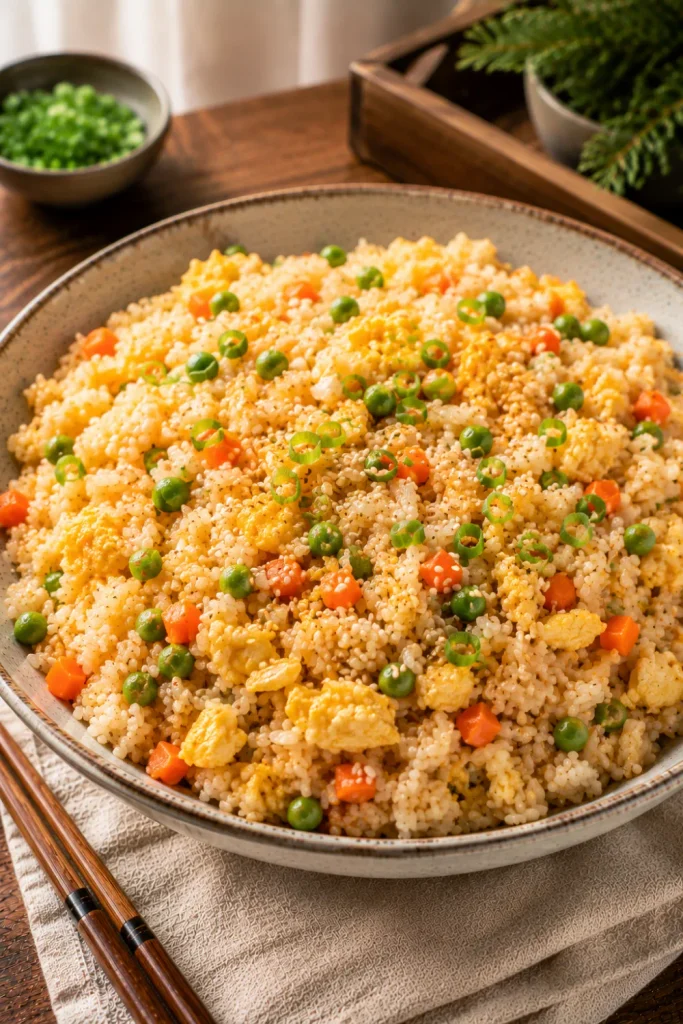 Chinese egg fried rice with fluffy grains, scrambled egg, peas, carrots, scallions, garlic, sesame oil, and soy sauce for a cozy winter lunch.