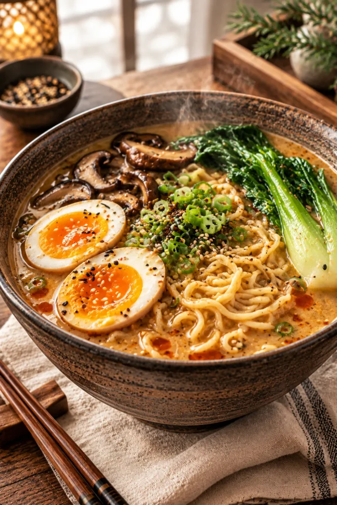 Japanese miso ramen with springy noodles, mushrooms, bok choy, soft-boiled egg, and steaming savory broth for a cozy winter lunch.