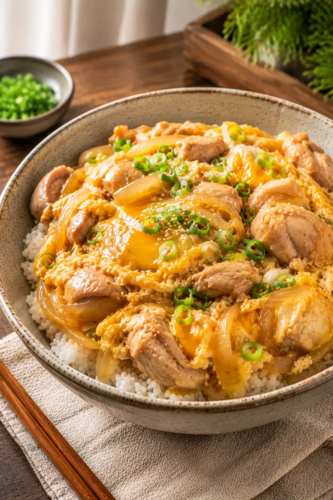 Japanese oyakodon with tender chicken, softly set eggs, sweet-savory onions, dashi sauce, and steamed white rice.