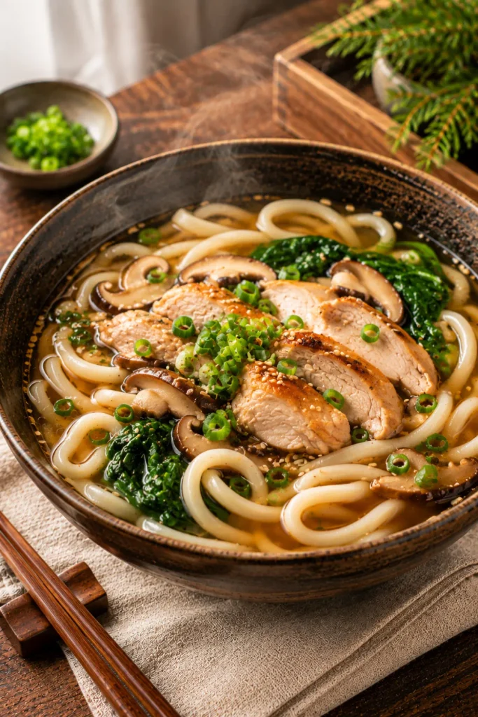 Japanese udon with tender chicken, chewy noodles, mushrooms, spinach, and green onions in a warm, savory winter broth.