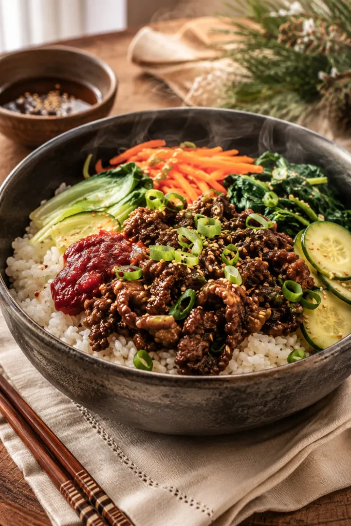 Korean beef and vegetable rice bowl with fluffy rice, colorful vegetables, sesame seeds, and savory beef for an easy winter Asian lunch.