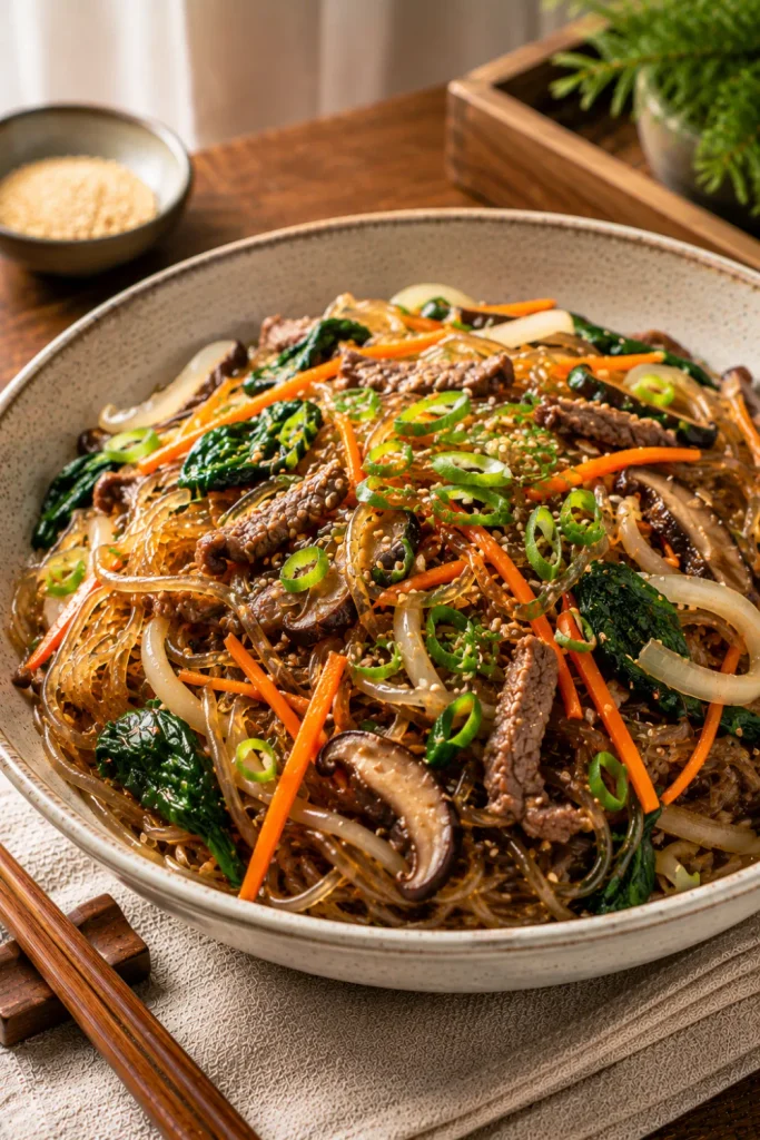 Korean japchae noodles with glossy sweet potato noodles, spinach, carrots, onions, mushrooms, sesame seeds, and savory seasoning.