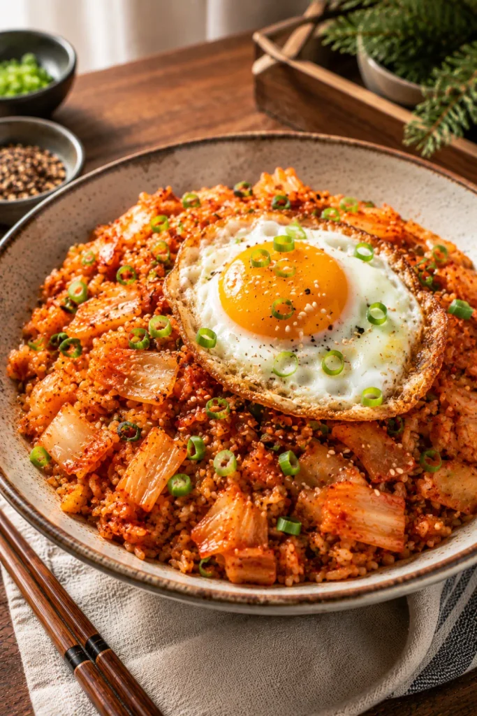 Korean kimchi fried rice topped with a sunny fried egg, scallions, sesame seeds, and savory kimchi for a colorful cozy winter lunch.