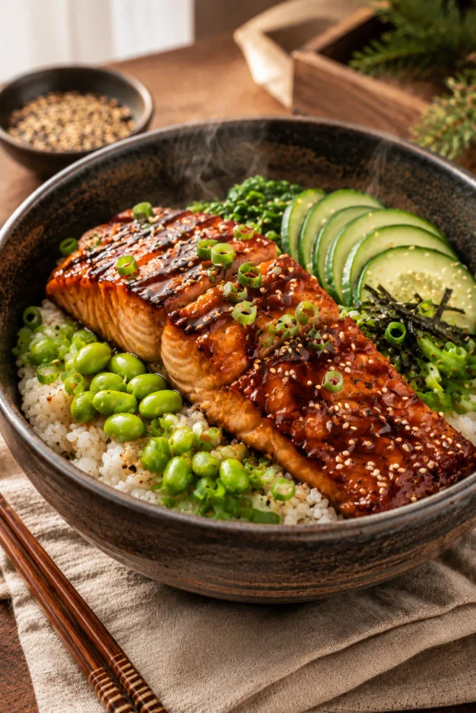 Glazed teriyaki salmon rice bowl with fluffy rice, cucumber, edamame, sesame seeds, and colorful fresh toppings for winter lunch.