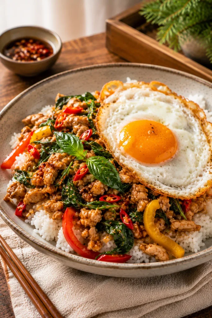 Thai basil chicken served over jasmine rice with fragrant basil, garlic, chili, bell pepper, and a golden fried egg.