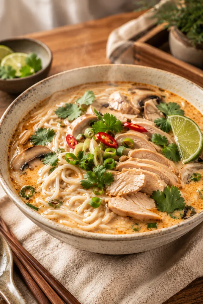 Creamy Thai coconut chicken noodle soup with rice noodles, tender chicken, herbs, lime, and fragrant garnishes in a cozy winter bowl.