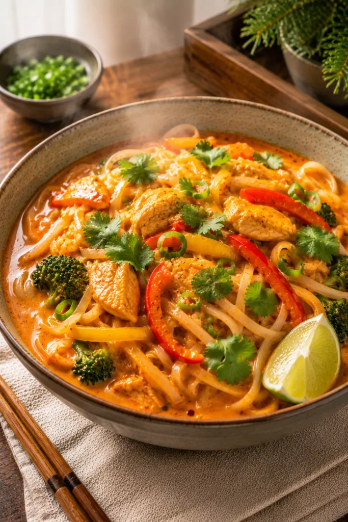 Thai red curry noodles with creamy coconut curry sauce, rice noodles, tender chicken, bell peppers, broccoli, lime, and cilantro.