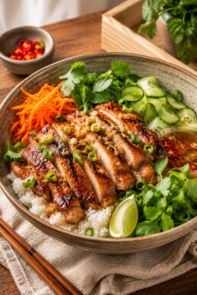 Vietnamese lemongrass chicken rice bowl with fragrant grilled chicken, cucumber, carrot, fresh herbs, lime, and colorful toppings.
