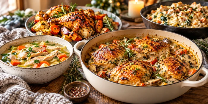 Easy winter chicken recipes featuring comforting roasted chicken, creamy chicken with mushrooms and vegetables, and warm chicken soup served on a cozy rustic table.