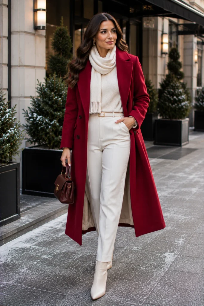 Easy winter outfits featuring layered white winter clothing, cream knitwear, tailored trousers, a bold statement coat, and chic 2026 accessories.