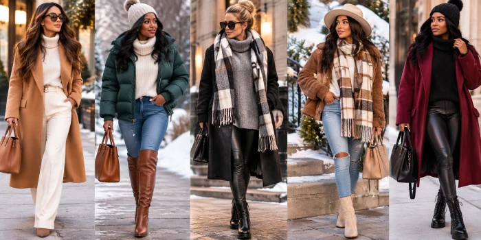 Easy winter outfits featuring cozy knit sweaters, tailored coats, puffer jackets, scarves, winter boots, and layered cold-weather fashion looks.