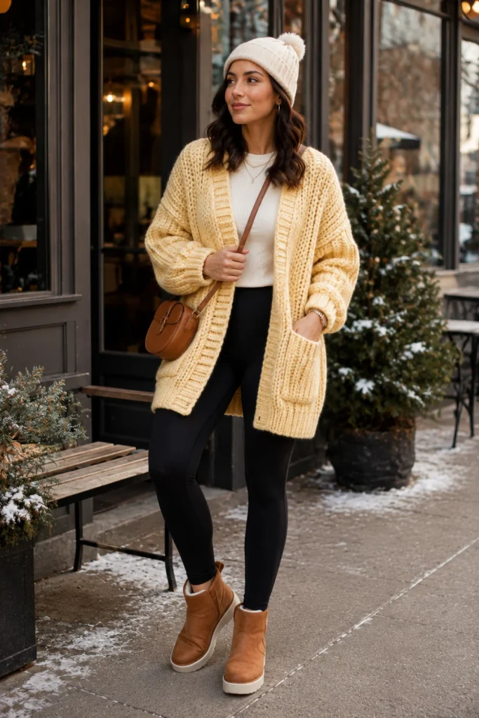 Easy winter outfits featuring a chunky cardigan, fitted thermal top, black leggings, cozy winter boots, and stylish cold-weather accessories.