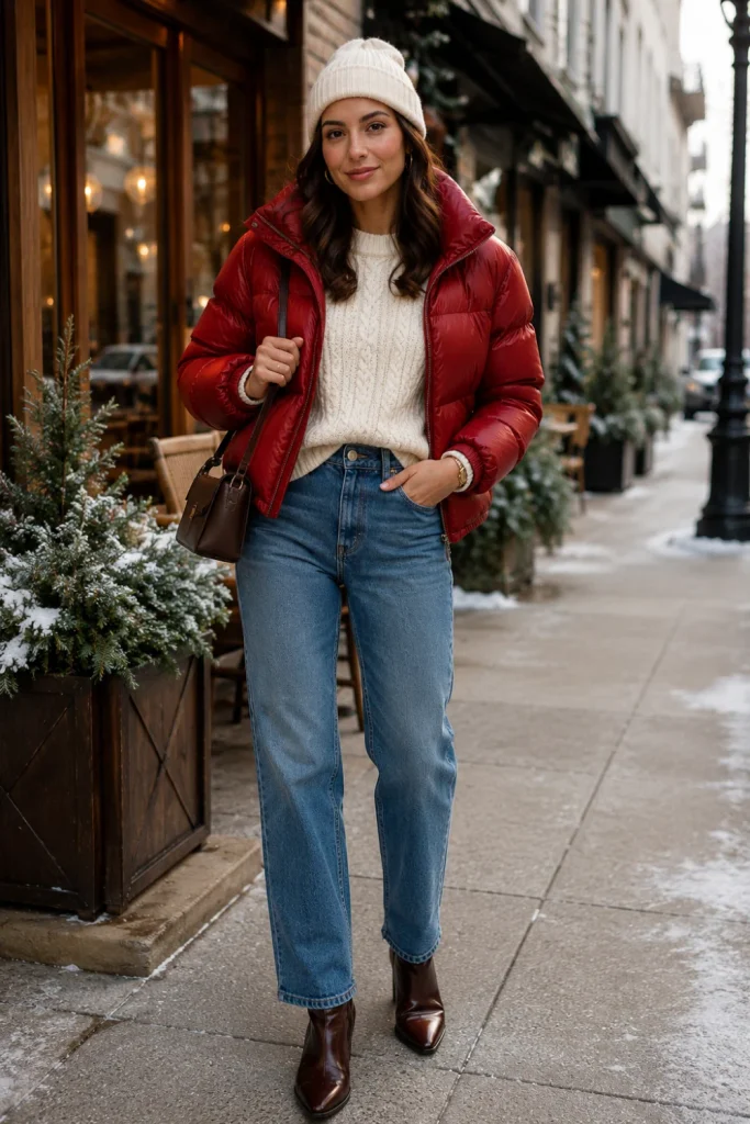 Easy Winter Outfits featuring a modern puffer jacket, cozy knit sweater, straight-leg jeans, winter boots, and chic accessories in a colorful, Pinterest-ready street style look.