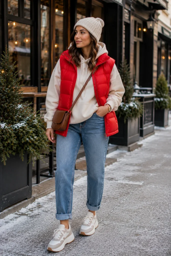 Easy winter outfits featuring a vibrant puffer vest, cozy hoodie, cuffed straight-leg jeans, modern winter sneakers, and trendy 2026 accessories.