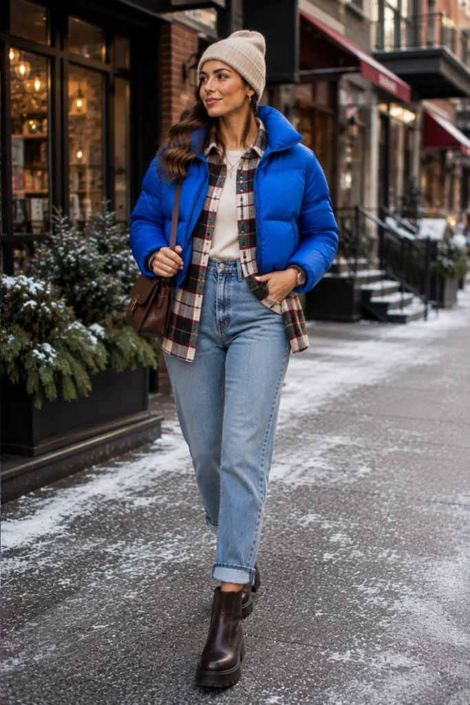 Easy Winter Outfits featuring a cropped puffer jacket, cozy flannel shirt, mom jeans, modern winter boots, and trendy 2026 accessories.