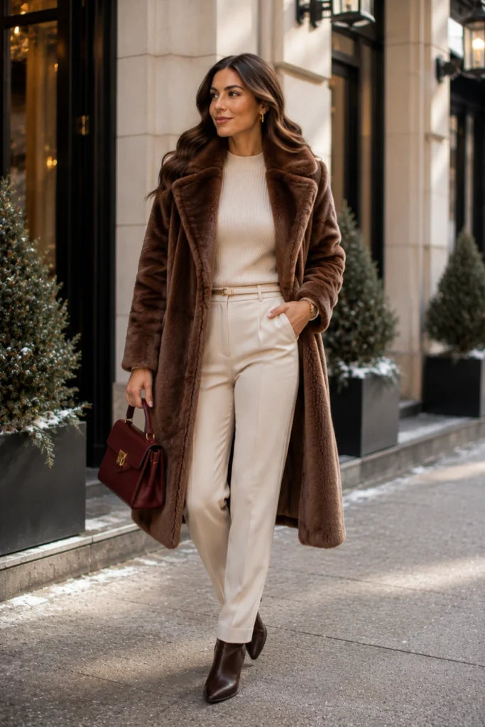 Easy winter outfits featuring a luxurious faux-fur coat, monochrome neutral outfit, elegant ankle boots, and refined 2026 winter accessories.