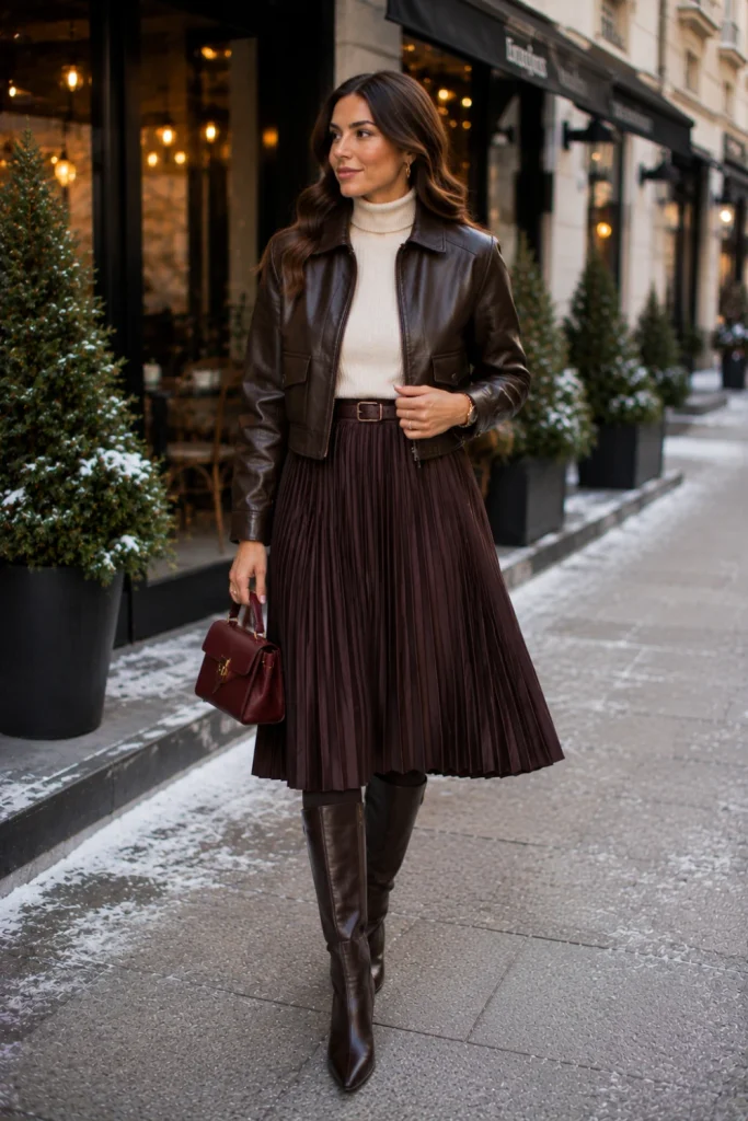 Easy winter outfits featuring a sleek leather jacket, fitted turtleneck, pleated midi skirt, warm tights, knee-high boots, and modern 2026 accessories.