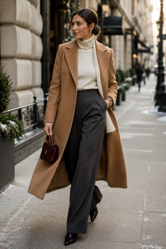Easy winter outfits with a camel wool coat, fitted turtleneck, elegant wide-leg trousers, ankle boots, and sophisticated 2026 winter accessories.