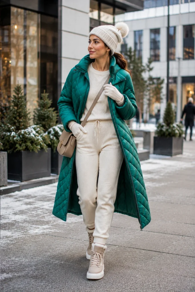 Easy winter outfits featuring a longline puffer coat, matching knit set, insulated winter boots, and coordinated 2026 cold-weather accessories.