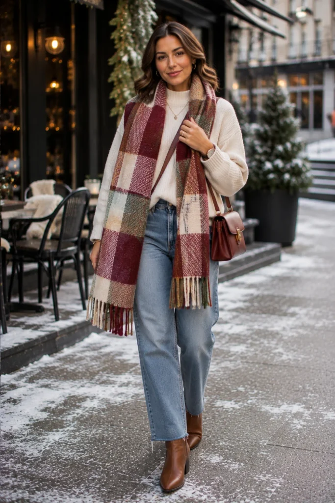 Easy winter outfits with an oversized scarf, cozy wool sweater, relaxed jeans, winter ankle boots, and chic contemporary 2026 accessories.