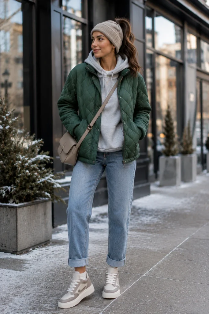 Easy winter outfits with a modern quilted jacket, cozy hoodie, cuffed jeans, chunky sneakers, and trendy 2026 street-style accessories.