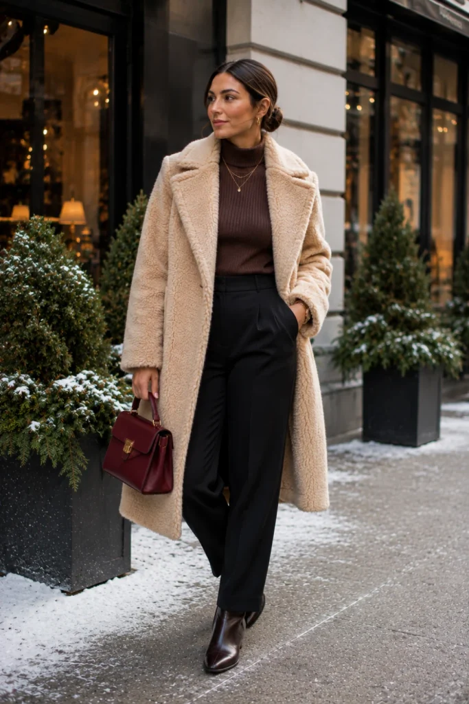 Easy winter outfits with a soft teddy coat, ribbed sweater, tailored black pants, ankle boots, and polished modern 2026 winter accessories.