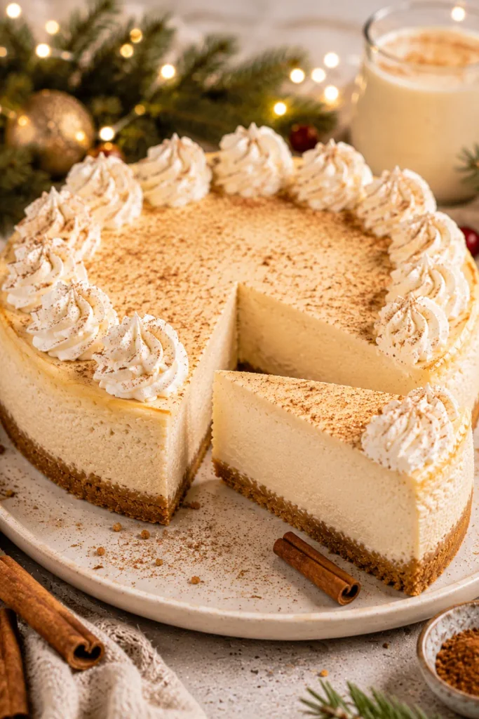 Eggnog winter cheesecake with creamy spiced filling, cinnamon, nutmeg, whipped cream, and a buttery graham cracker crust.