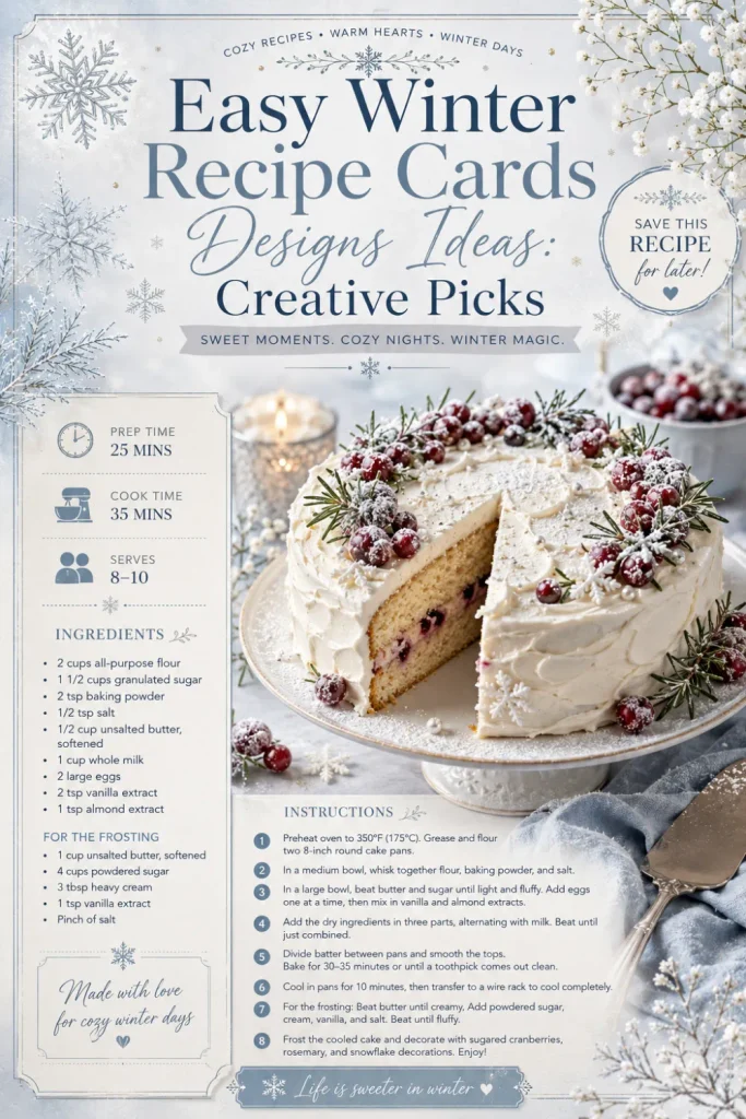 Elegant snowflake winter recipe card in icy blue and cream with refined typography and sophisticated seasonal food photography.