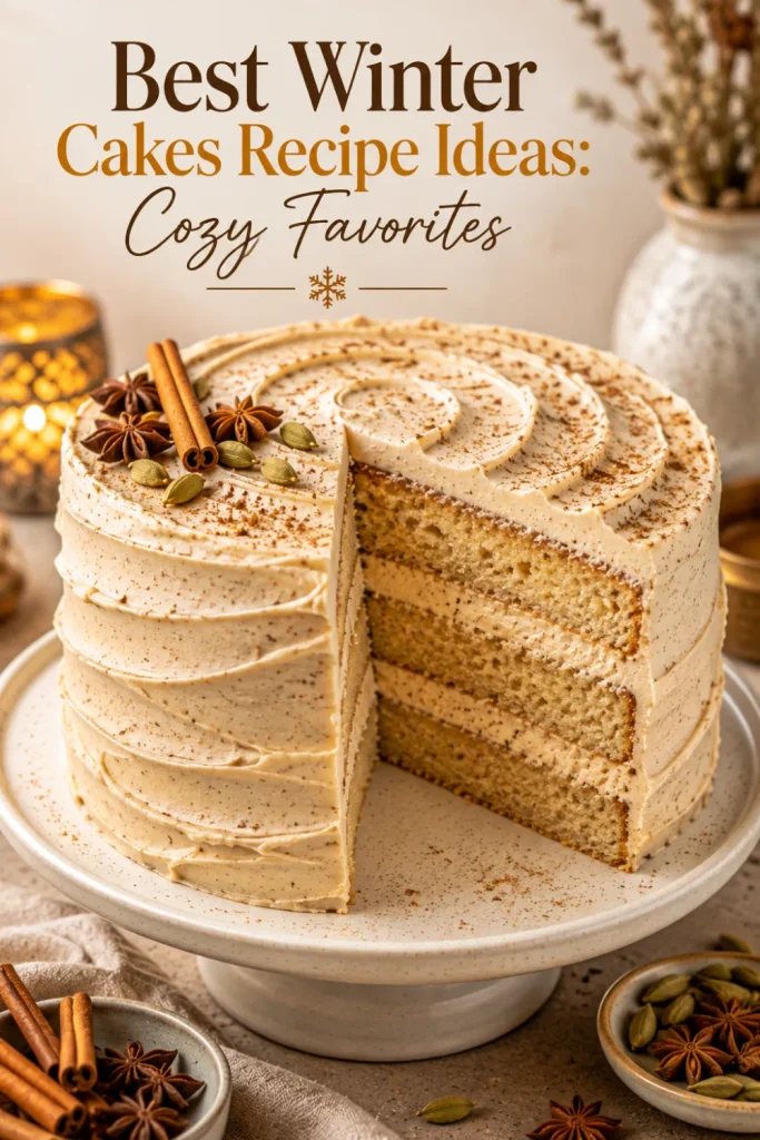 Elegant vanilla chai cake layered with creamy spiced buttercream and chai spices for Best Winter Cakes Recipe Ideas: Cozy Favorites.