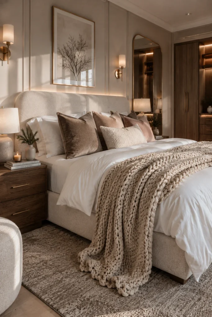 Elegant modern winter bedroom with white linen bedding, chunky knit throw, velvet pillows, soft lighting, and restrained greenery.