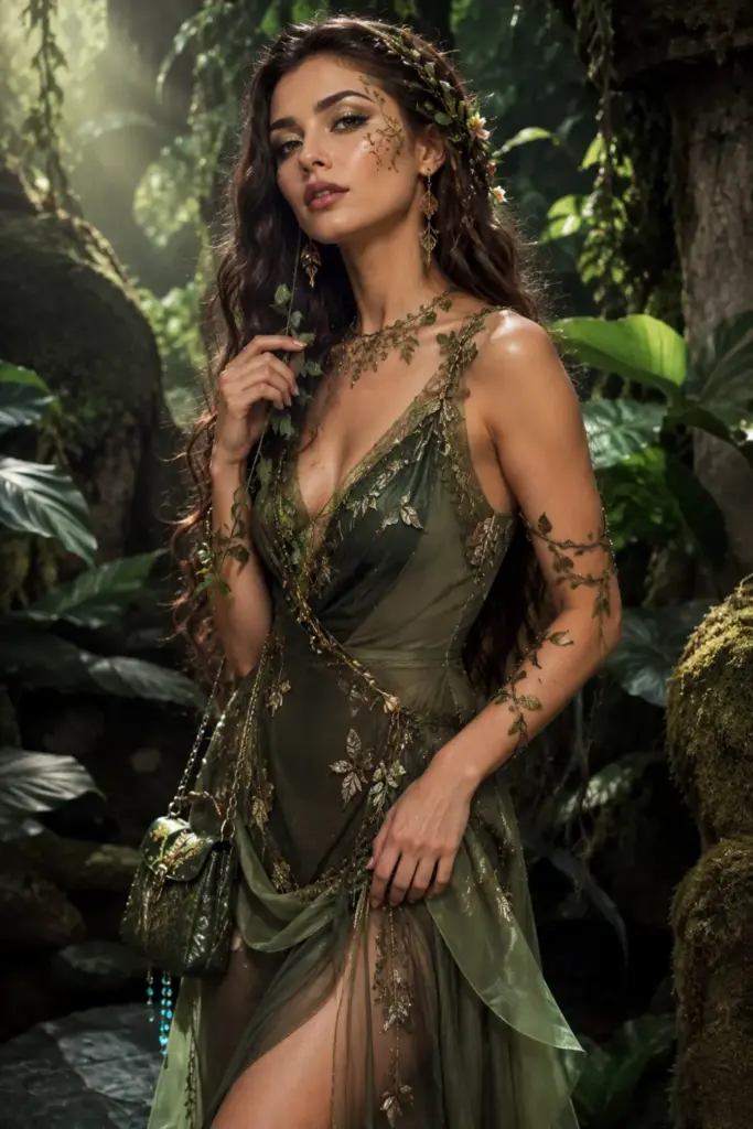 Enchanted forest dryad Halloween outfit with flowing green dress, botanical accessories, leafy makeup details, and modern 2026 fashion.