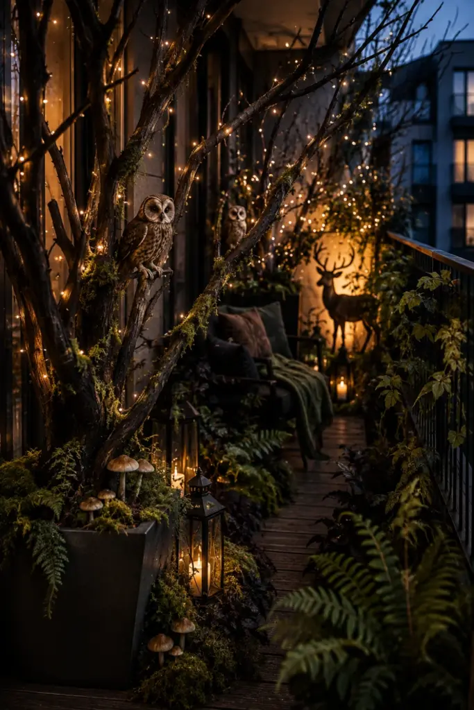 Contemporary enchanted forest Halloween balcony with dark branches, moss, fairy lights, owls, and elegant woodland accents.