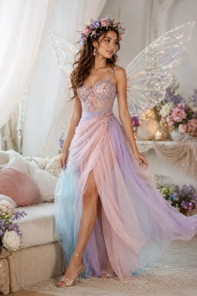 Enchanting fairy in a flowy pastel dress, delicate wings, a floral crown, and glitter for easy Halloween dress-to-impress outfit ideas.