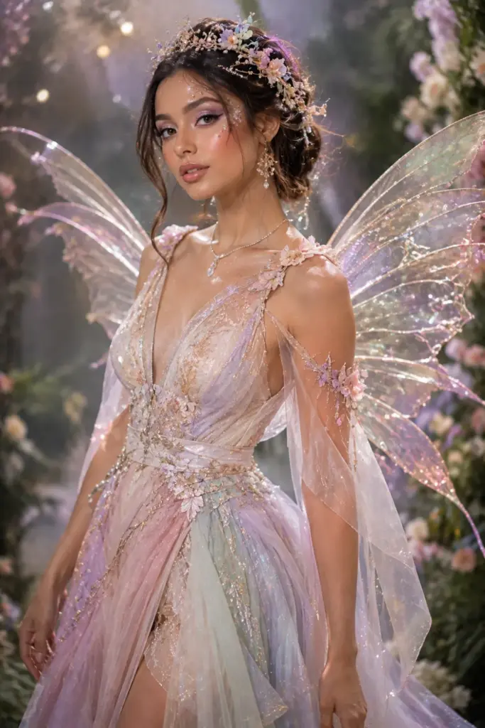 Ethereal fairy queen Halloween look with flowing pastel dress, luminous makeup, floral crown, delicate wings, and modern 2026 styling.