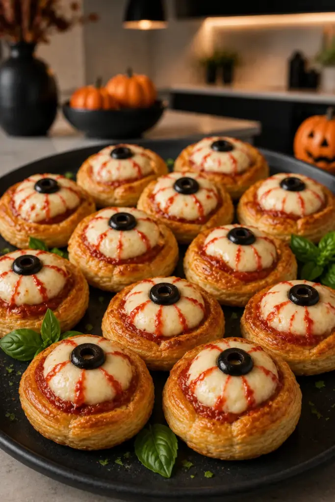 Eyeball bites made from golden puff pastry with mozzarella eyes, black olive pupils, and savory tomato filling.